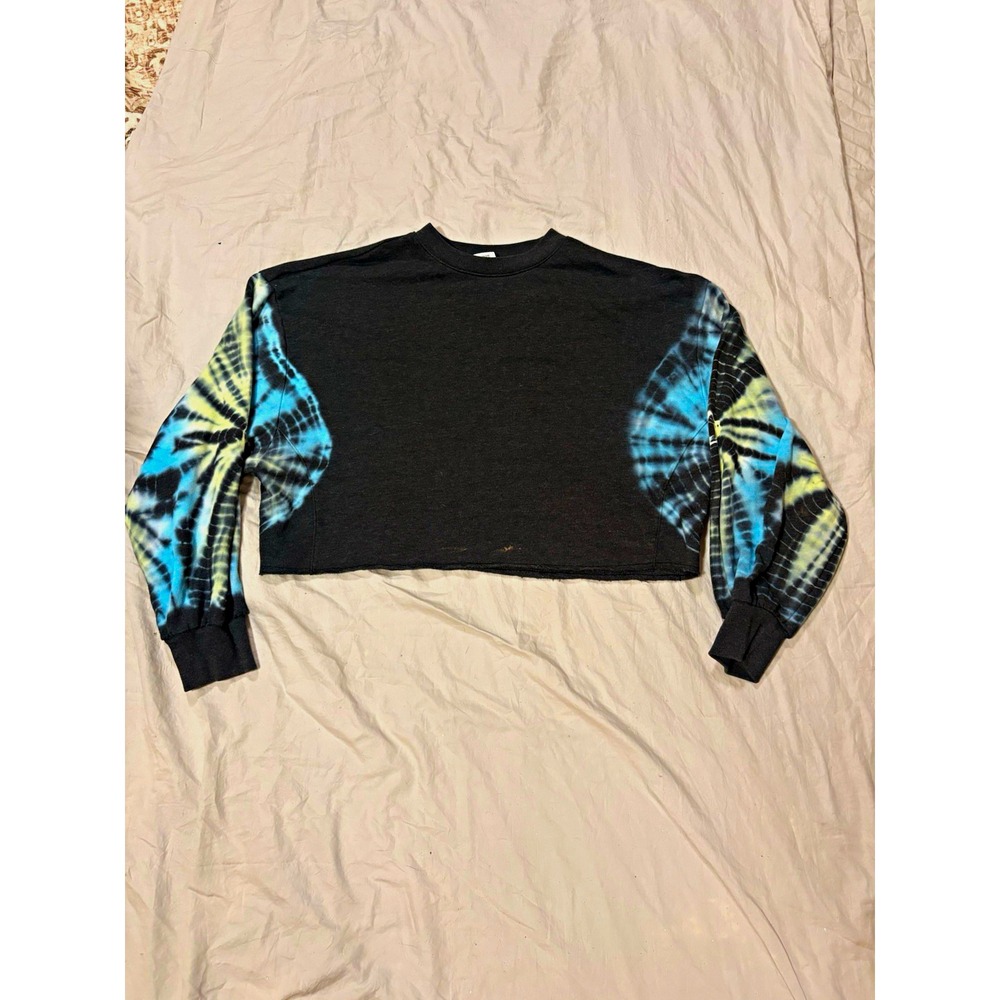 Victoria's Secret PINK Cropped Sweatshirt S Tie Dye Sleeve Black Raw Hem Y2K